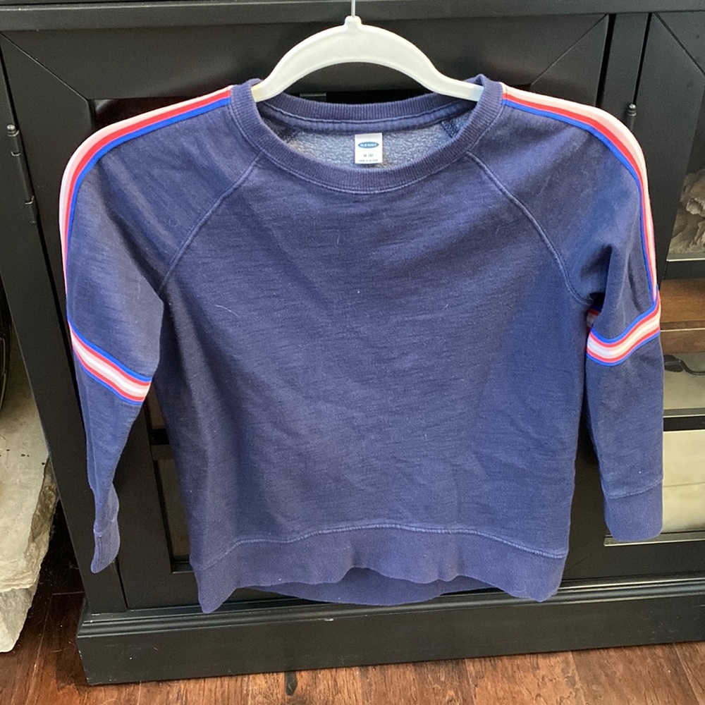 Girls Old Navy navy blue sweatshirt with striped sleeves